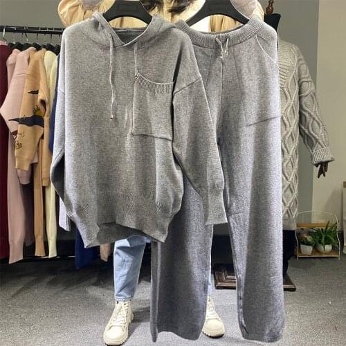 New spring 2021 Womens Two Piece Set Knit Sport Suits Thick Female Hooded Sweater And Drawstring Harem Pants Outfits S0207