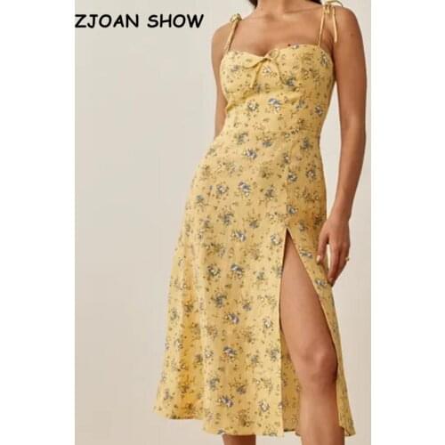 2021 Romantic Yellow Floral Print Spaghetti Strap Midi Dress Retro Women Bow Lacing Up Sling Slit Dresses Split Holiday Robe
