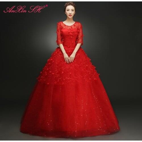 AXJFU Red flower wedding Dress vintage o neck flower lace half sleeve illusion princess red lace red wedding dress