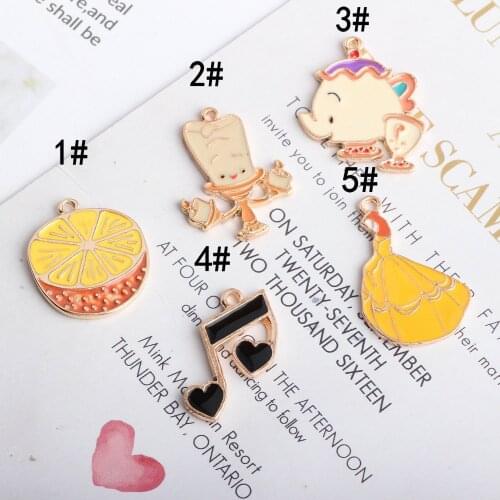 10Pcs New Candlestick Lady Note Teapot Orange Charms Gold Tone Oil Drop Jewelry Findings for DIY Bracelet Floating Enamel Charms
