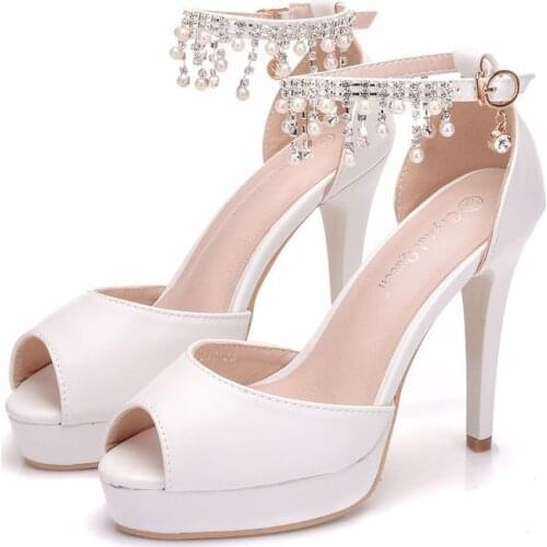 Women sandals wedding Party PU Rhinestones Buckle Strap 11CM Thin High heels Peep Toe waterproof sandal women shoes size 35-42