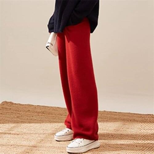 Pants Women Autumn Winter wool Pants Women Cashmere Knitted Trousers Fashion Wide Leg red pants Woman straight Pants Big Loose