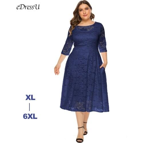 EDressU Plus Size Evening Party Dress High Quality Lace Women Elegant Tea Length Pocket Formal Wedding Guest Dress SQ-0134