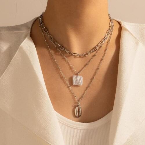 HuaTang Boho Shell Pearl Pendant Necklace for Women Multilayer Silver Color Guban Clavicle Chains Lady Party Jewelry on the Neck