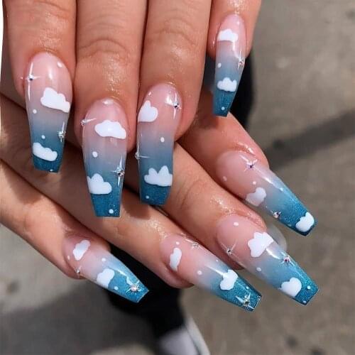 24pcs Blue Sky White Clouds Ballerina Wearable Nail Tips Artificial Full Cover Long Coffin Design With Design Wearable Fake Nail