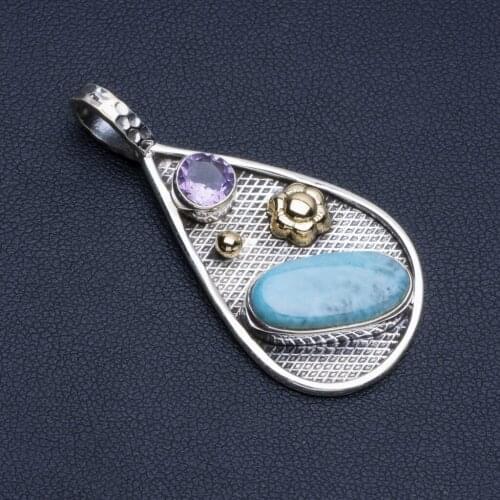 Natural Two Tones Amethyst and Caribbean Larimar Punk 925 Sterling Silver Pendant 1 3/4" R0294