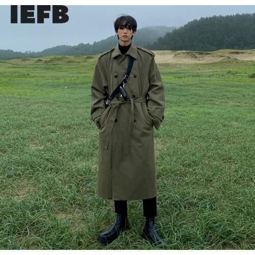 IEFB 2021 Spring New Mens Windbreaker Medium Length Over Knee Loose Korean Handsome Trend Trench Coat With Belt Casual 9Y5488
