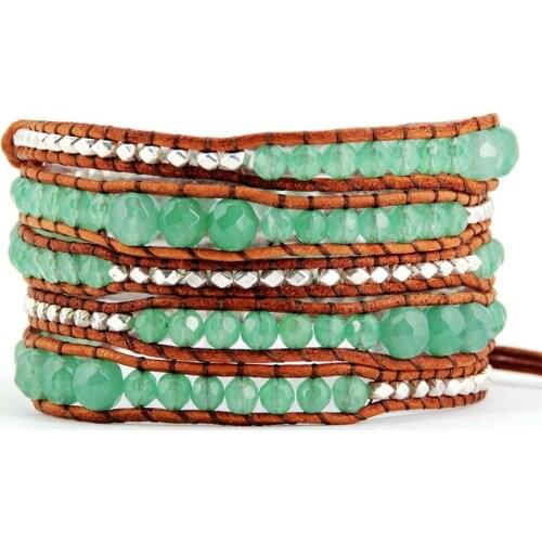 New Top Quality Graduated Aventurine Metal Beads Leather Wrap Bracelet Vintage Handmade Weave Bracelet
