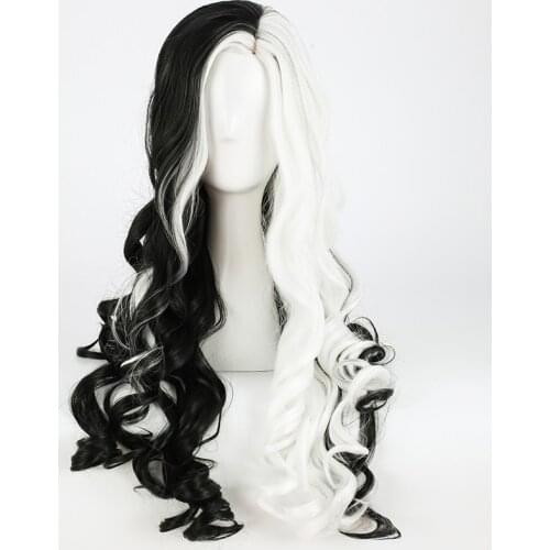 CRUELLA Deville De Vil Cosplay Wigs Black and White Long Curly Synthetic Hair Half White Half Black Heat Resistant Wig Halloween