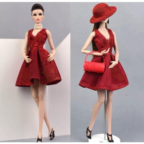 V-Neck Doll Dress For Barbie Doll Clothes Party Gown For Barbie Dollhouse Hat Glasses Shoes Boots 1/6 Doll Accessories Kid Toys