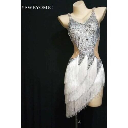 New White Female Rhinestone Fringes Party Birthday Celebrate Silver White Fashion Latin Dance Dress Costume Customize Size