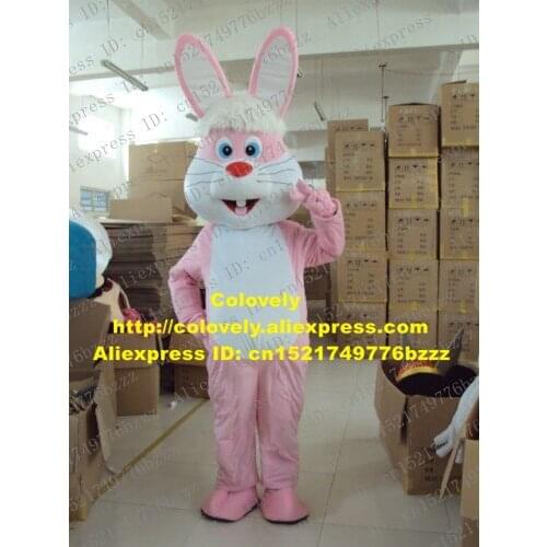 Lively Pink Rabbit Lepus Bunny Jackrabbit Hare Mascot Costume Mascotte With White Belly Happy Face Adult No.204 Free Shipping