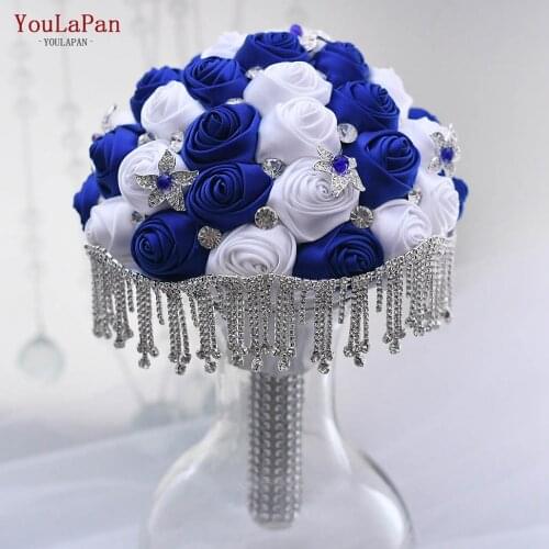 YouLaPan SF4 Gorgeous Wedding Flowers Bridal Bouquets Crystal Sparkle Royal Bule Silk Rose Bridal Bouquet Holders with Tassel
