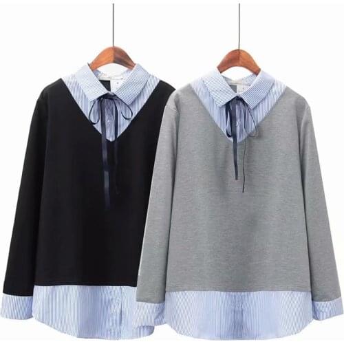 Plus size turn-down Ribbon collar patchwork women pullover blouse 2019 NEW spring casual ladies cotton shirts female oversize