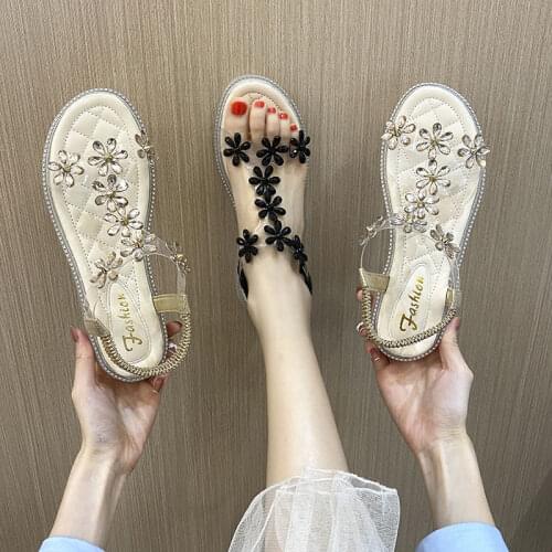35-43 Shoes Woman Plus Size Crystal Sandals Womens New Retro Transparent Rhinestone Fat Feet Wide Fat Roman Style