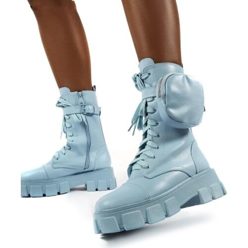 Women Pocket Boot Lace Up Ladies Ankle Boots Female Buckle Strap Black Chunky Sole Pouch Ankle Boots Woman Platform Shoe Fashion