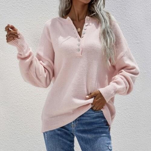 2021 Autumn Jumpers Women Button V-Neck Sweater Casual Loose Knitted Pullover Basic Knitwear Female Solid Color Tops