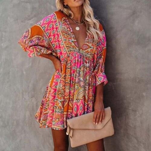 Women casual high waist v-neck mini dress vestidos mujer verano 2021 boho hippie sukienka half sleeve summer chic beach dress