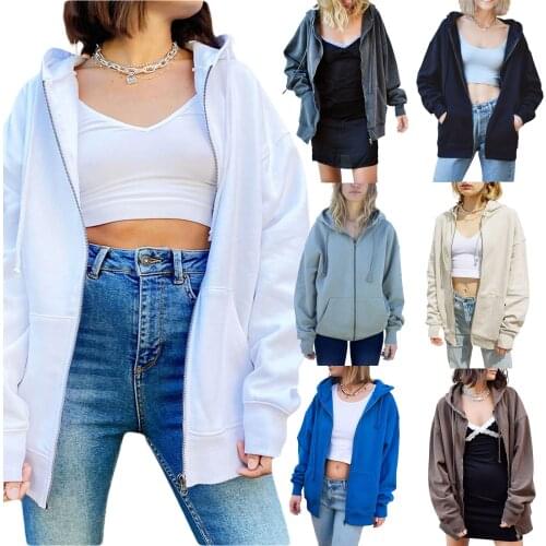 Autumn Winter Women Loose Style Coat with Pockets Solid Color Zipper Open Front Hooded Sweatshirts S M L