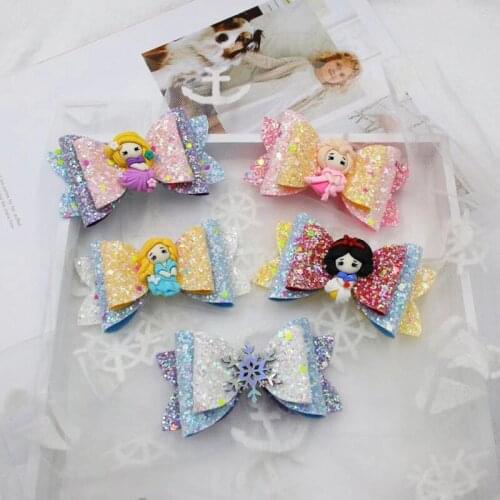 10pcs Luminous Glitter Sequins Princess Hair Bows with Clips Cartoon Girls Hairpin Kids Headwear Birthday Party Hair Accessories