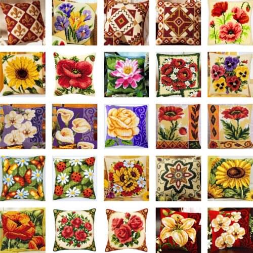 Three Flowers 3 DIY Kit Unfinished Acrylic Yarn Embroidery Pillow Tapestry Canvas Cushion Front Cross Stitch Pillowcase
