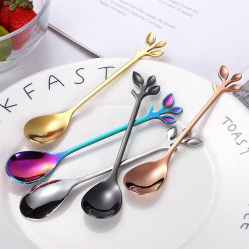 5pcs/Set Coffee Spoons Stainless Steel Creative Leaf Decor Tea Spoon Mixing Spoon Cup Tools Accessories