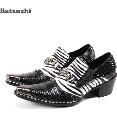 Batzuzhi New Designers Shoes Pointed Metal Tip Black White Genuine Leather Dress Shoes for Men Formal Business and Party,38-46