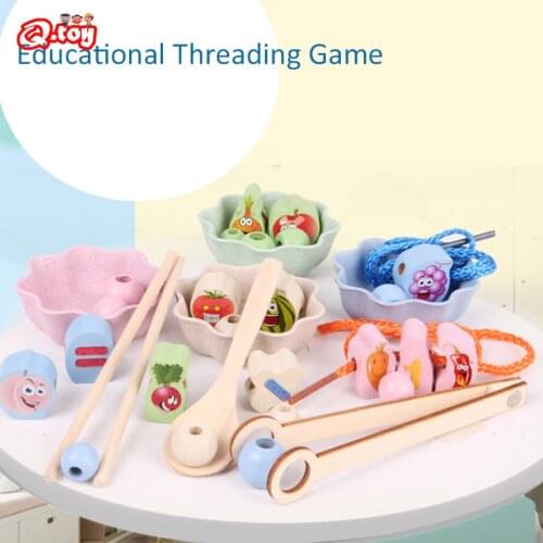 Kids Montessori DIY Colored Wooden Cartoon Shaped String Threading Lacing Beads Beading Clip Game Concentration training Toys