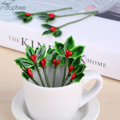 Dophee 10pcs Artificial Fruit Small Berries Fake Flowers Stamen With Green Leaves Christmas Party Decoration DIY Hair Ornaments