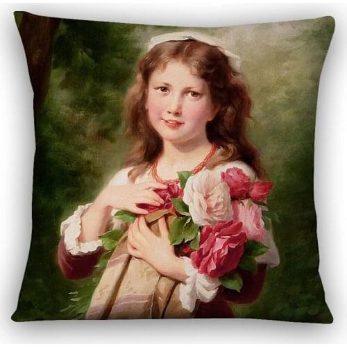 European Beauty Girl Portrait Painting Cushion Cover Rose Flower Beige Linen Pillow Case 45x45cm Pillowcase Sofa Decor