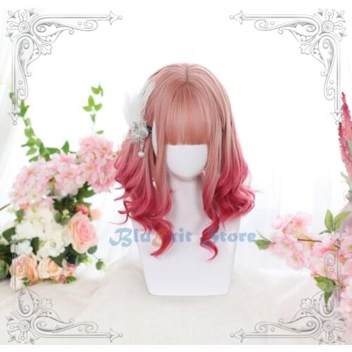 Gradual Pink Lolita Wig Peach Harajuku Fairy Cosplay Bangs Curly Short Sweet Fringe Synthetic Hair for Adult Girls