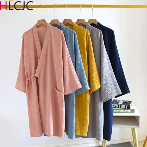Autumn V-neck 100% Cotton Crepe Nightgown Japanese Kimono Robe Womens Robes Sleepwear Couple Dressing Gown Long Wedding Pajamas