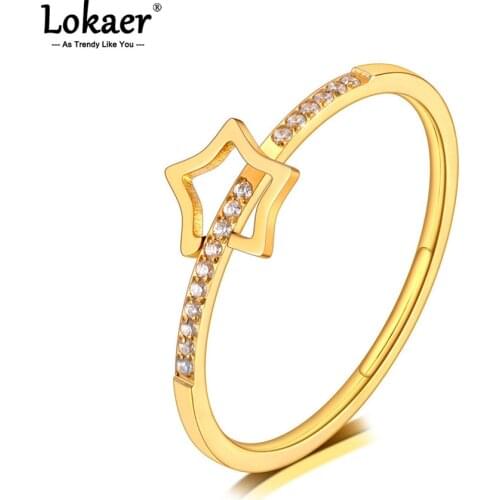Lokaer Fashion Titanium Stainless Steel CZ Crystal Star Ring Jewelry Office Style Gold Color Party Rings For Women Girls R20085