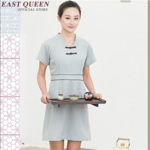 Lab womens clinic uniform beauty salon nurse uniform light color short sleeves tunic casual long work dress AA3497 a