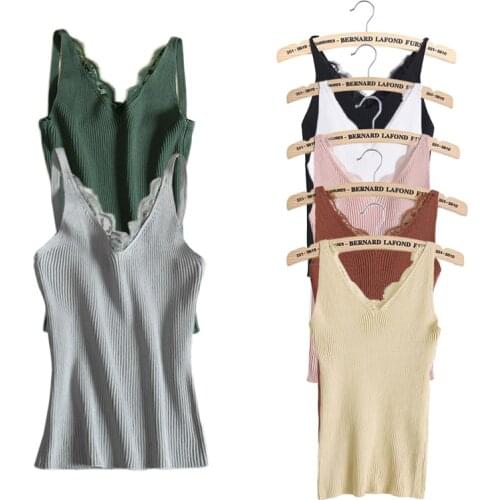 Soft Knitted fabric Sexy Women Plain Camisole Lace Splicing Double V-neck Vest Slim Sling Tank Tops Gifts