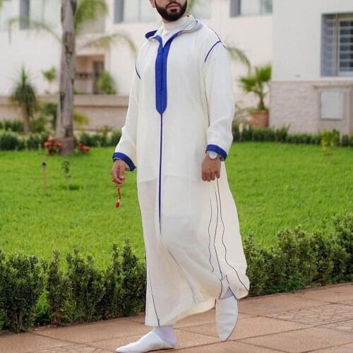 Men Clothing Muslim Islamic Arabic Kaftan Hooded Dubai Abaya Middle East Robes Patchwork Casual Long Sleeve Jubba Thobe