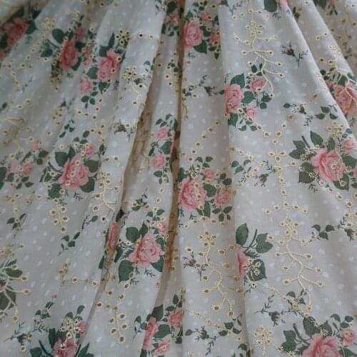 Soft Print Flower Chiffon Lace Fabric Gold Thread Eyelet For DIY Sewing Curtain Baby Flower summer Maxi Dress Fabric By 1 yard