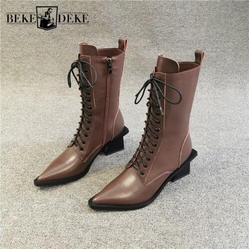 2020 New Pointed Toe Ankle Boots Women High Quality Leather Thick High Heel Shoes Brand Winter Lace-Up Elegant Booties Black