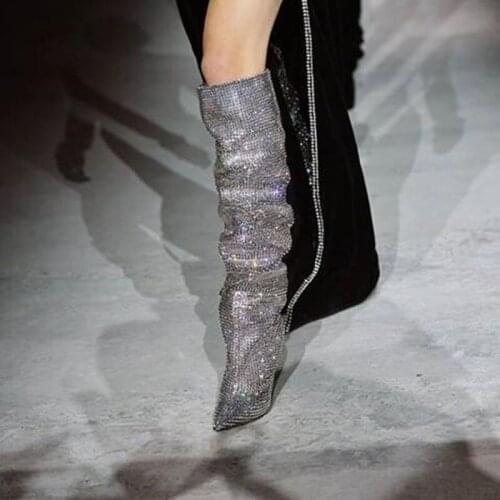Luxury Silver Crystal Women Knee High Boots Wedge Heels Pointed Toe Runway Bootie Bling Bling Rhinestone Banquet Dress Shoes