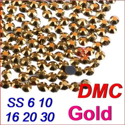 Top High Grade SS6 10 16 20 30 Gold Shine DMC Hot fix Rhinestones Beads Jewelry Iron on Women Wedding Clothes Dress DIY motifs