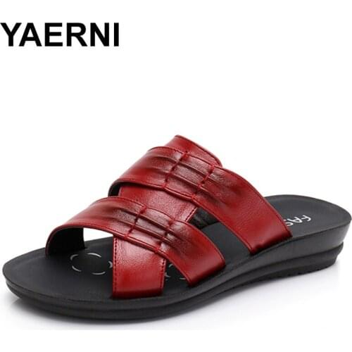 YAERNI Women Slippers Shoes Genuine Leather Retro Black Red Flat with Mother Shoes Flip Flops Women Slides Leather Slippers