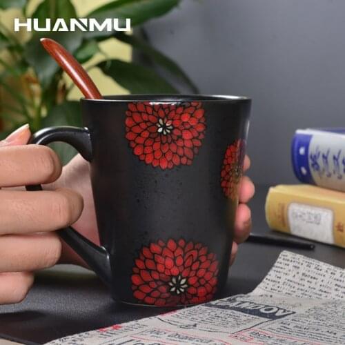 Japanese Home Milk Coffee Drink Tea Cup Black Red Pattern Ceramic Mug Western Restaurant Red Flower Square Rose Striped Cup Gift