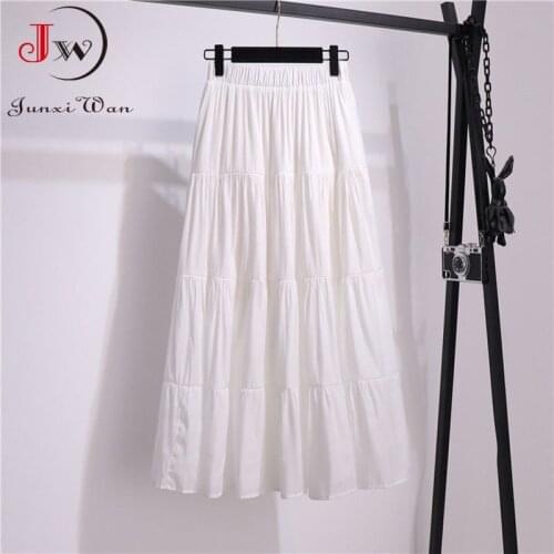 Women Summer Cotton Linen Skirts 2021 Solid White Black Elastic High Waist Casual Girls All-Match A-Line Beach Long Skirt