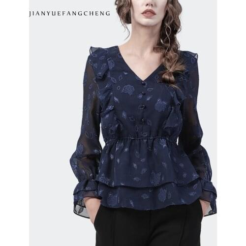Fashion Blue Chiffon Jacquard Womens Blouse 2021 Autumn New Long Sleeve V-Neck Ruffles Tops Stretch Waist Elegant Floral Shirts