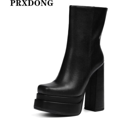 2021 Fashion Genuine Leather Chunky High Heels Platform Shoes Woman Ankle Boots Black Dress Party Riding Boots Autumn Winter 42