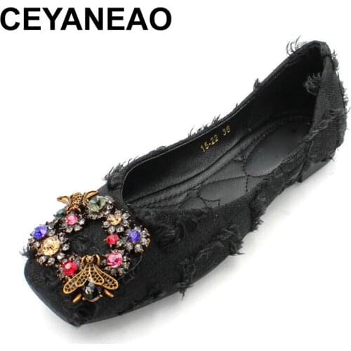 CEYANEAO Plus Sizes Womens Pumps Fashionable Little Bees Crystal Buckle With Square Toe Women Autumn New Soft Sole Casual Shoes
