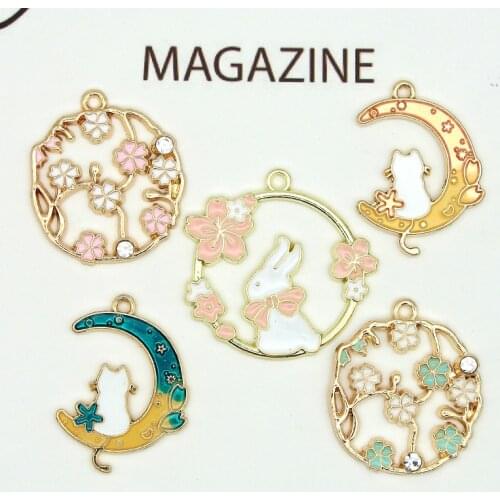 10pcs/lot 30x31mm Flower Wreath Rabbit Moon Stars Cat Enamel Metal Charms Earring Bracelet DIY Jewelry Making Finding