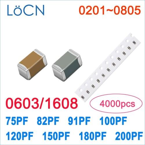 4000PCS 0603 1608 COG/NPO X7R 75PF 82PF 91PF 100PF 120PF 150PF 180PF 200PF RoHS 25V 50V 5% Capacitor High Quality