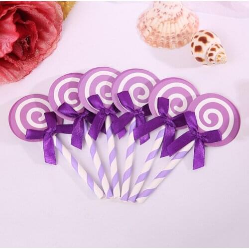 6Pcs/lot Purple Paper Lollipop Colored Cupcake Cake Topper With Straw Inserted Card Flag Lovely Gift Decoration Birthday Party
