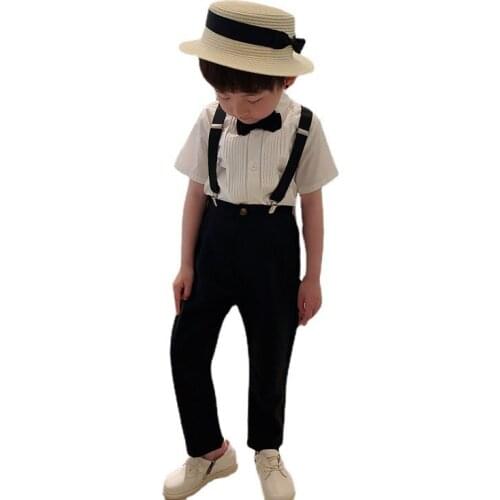 Boys T Shirt+Suspender+Pants+BowTie 4PCS Clothing Set Kindergarten Graduation Suit Children Chorus Costume Kids Birthday Dress
